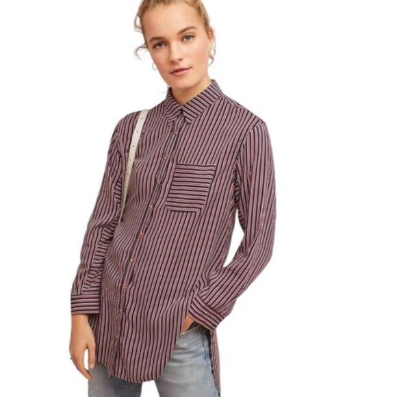 MAEVE ANTHROPOLOGIE Adelaide Poplin Button Down Shirt Red Blue Striped Small - Picture 11 of 11